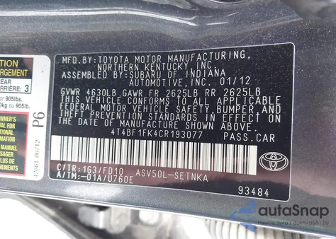 2012 Toyota Camry Le z USA, uszkodzony, nr VIN 4T4BF1FK4CR193077